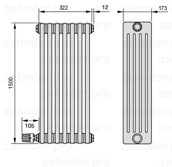 Схема (чертеж) Радиатор Zehnder Charleston 5150/7 №V003 Белый глянцевый RAL 9016